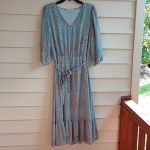 Jane and Delancey Women Teal Green 3/4 Sleeve Paisley Print Maxi Dress Size SMAL
